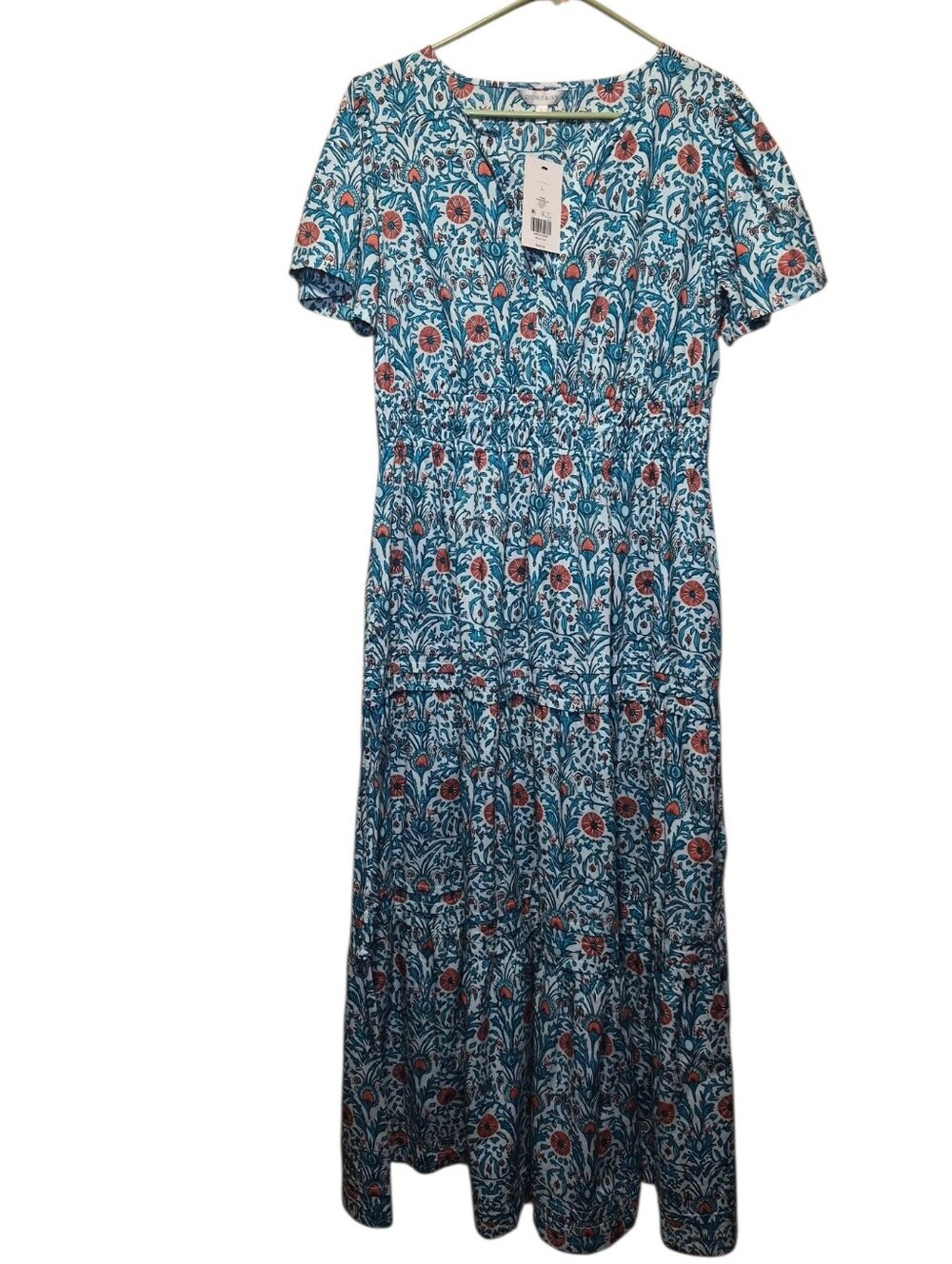 crown & ivy Blue Floral Maxi Dress with Rust Floral Accents Has Pockets